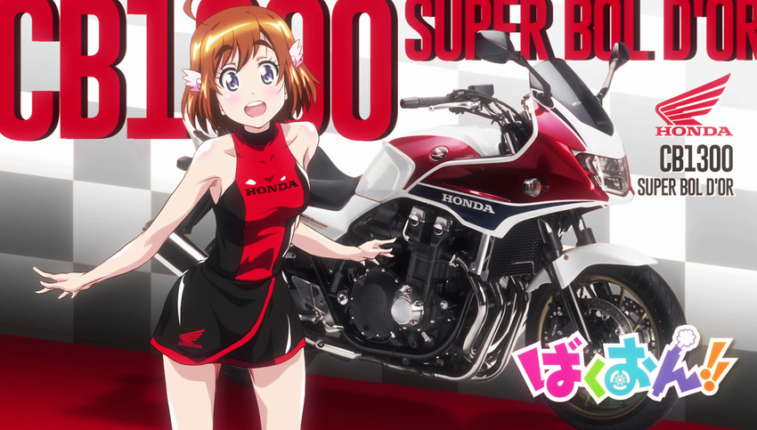 ahoge bakuon!! bare_shoulders blue_eyes brown_hair collarbone cowboy_shot eyebrows eyebrows_visible_through_hair eyecatch ground_vehicle hair_ornament highres honda honda_cb1300 leaning_forward looking_at_viewer miniskirt motor_vehicle motorcycle non-web_source open_mouth race_queen sakura_hane screencap short_hair skirt smile solo