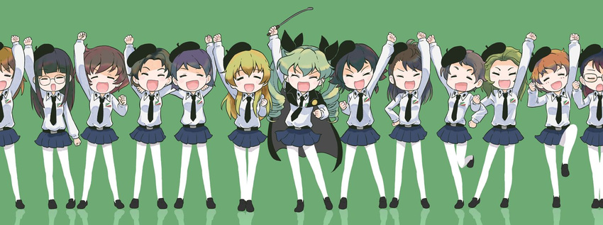 akiyama_yukari alternate_costume amaretto_(girls_und_panzer) anchovy annotated anzio_school_uniform arm_around_shoulder arms_up bangs beret black_hair blonde_hair braid brown_hair cape carpaccio clenched_hand clenched_hands closed_eyes drill_hair extra gelato_(girls_und_panzer) girls_und_panzer glasses green_hair hair_ribbon hand_on_hip hat legs_apart legs_together light_brown_hair locked_arms long_hair military military_uniform multiple_girls necktie odd_one_out open_mouth otoufu panettone_(girls_und_panzer) pantyhose pepperoni_(girls_und_panzer) pleated_skirt purple_hair ribbon riding_crop shirt short_hair skirt smile twin_drills uniform