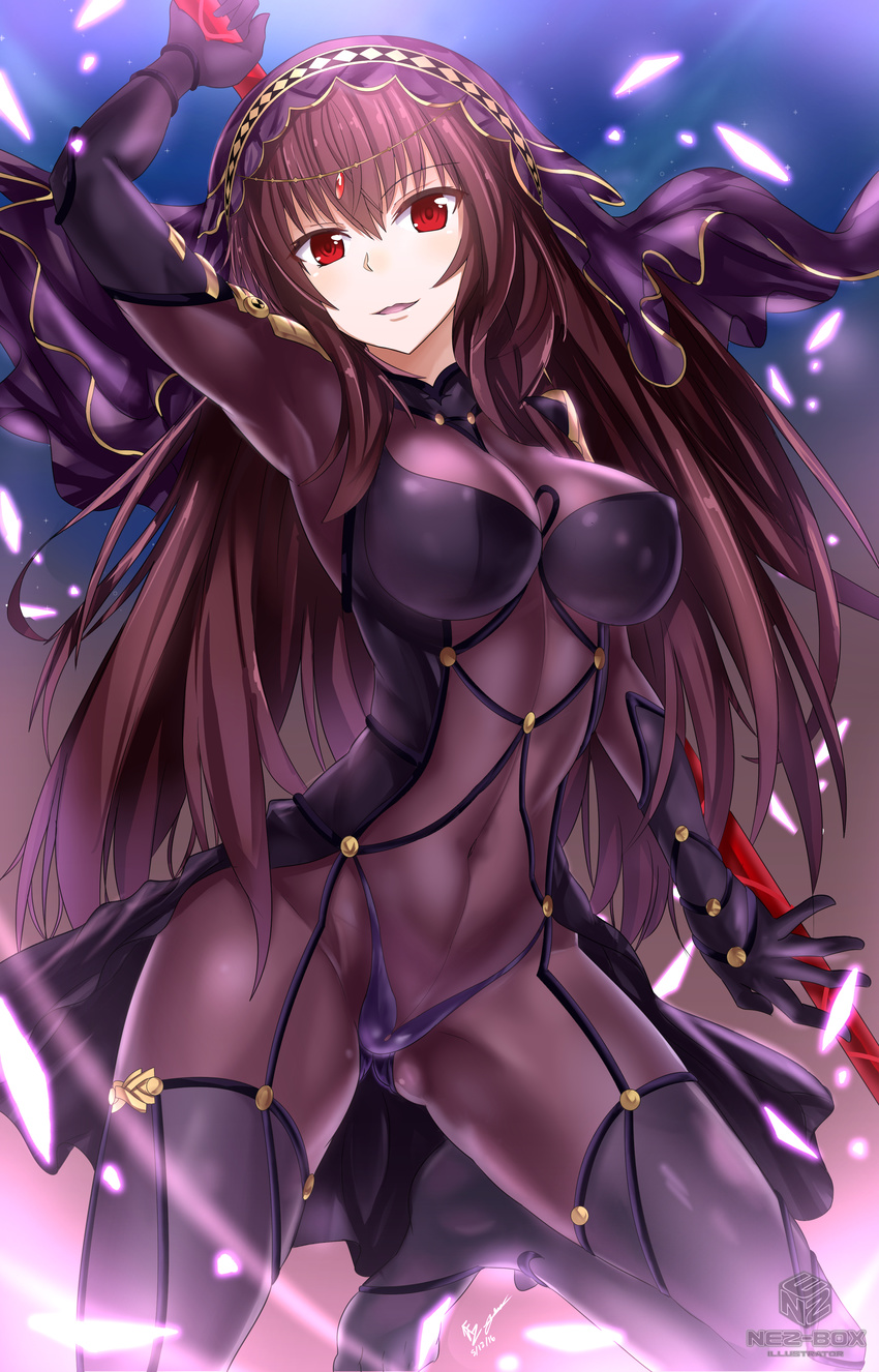 2016 absurdres arm_up armpits artist_name ass_visible_through_thighs bangs bodysuit breasts brown_hair circlet covered_navel dated eyebrows eyebrows_visible_through_hair fate/grand_order fate_(series) gae_bolg gloves gradient gradient_background hair_between_eyes highres holding large_breasts light_particles long_hair looking_at_viewer nez-kun no_shoes panties pauldrons polearm purple_bodysuit red_eyes scathach_(fate)_(all) scathach_(fate/grand_order) see-through signature smile solo spear thighhighs underwear veil weapon