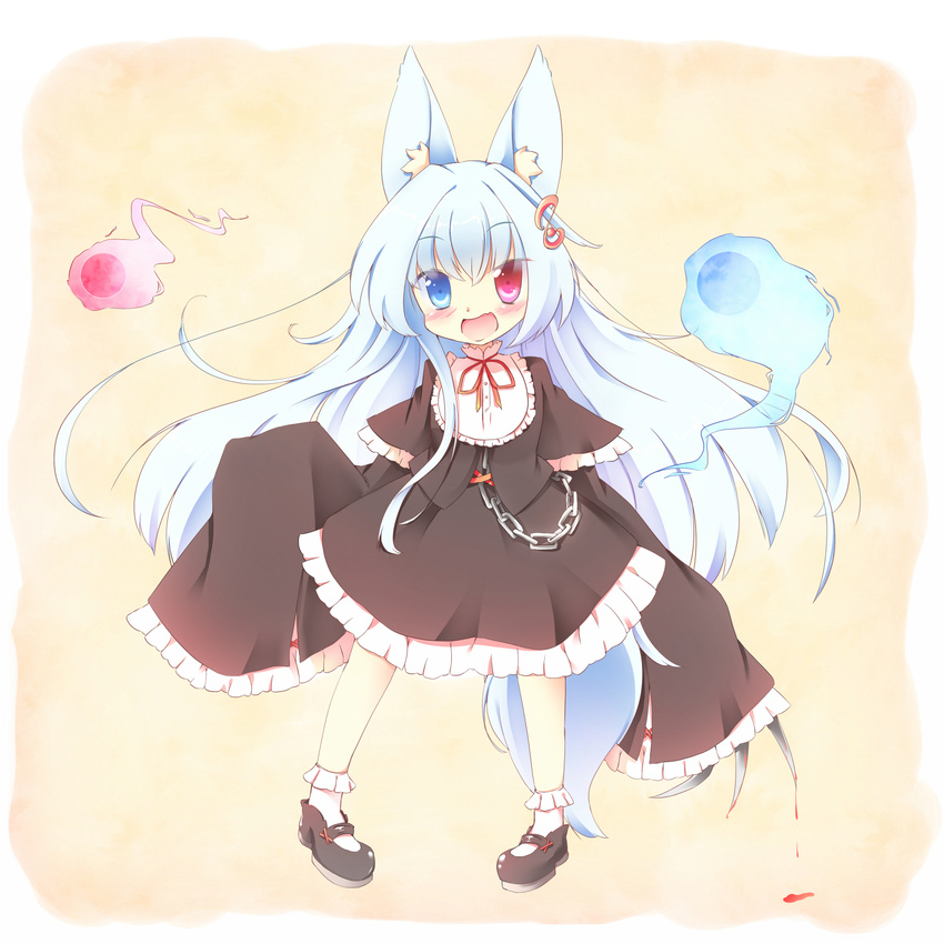:d animal_ears black_hair blood blue_eyes chain claws fang fox_ears fox_tail frilled_skirt frills heterochromia highres hitodama kt_cano long_hair open_mouth original red_eyes skirt sleeves_past_wrists smile solo tail