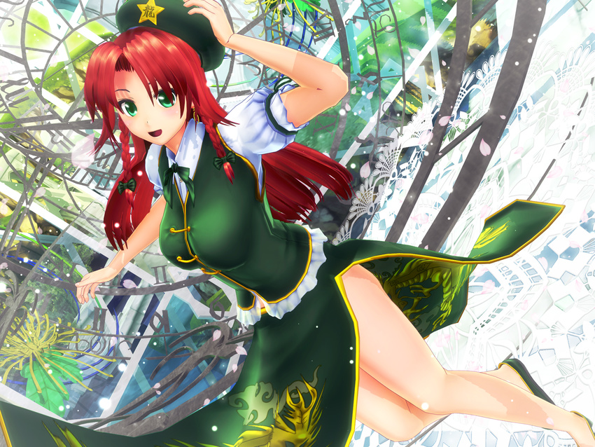 3d abstract_background adjusting_clothes adjusting_hat bow braid breasts cherry_blossoms chinese_clothes clock dutch_angle green_eyes hair_bow hand_up hat highres hong_meiling kurogoma_(meganegurasan) large_breasts long_hair looking_at_viewer mikumikudance petals red_hair side_braid skirt skirt_set slippers solo spinning standing standing_on_one_leg touhou vest