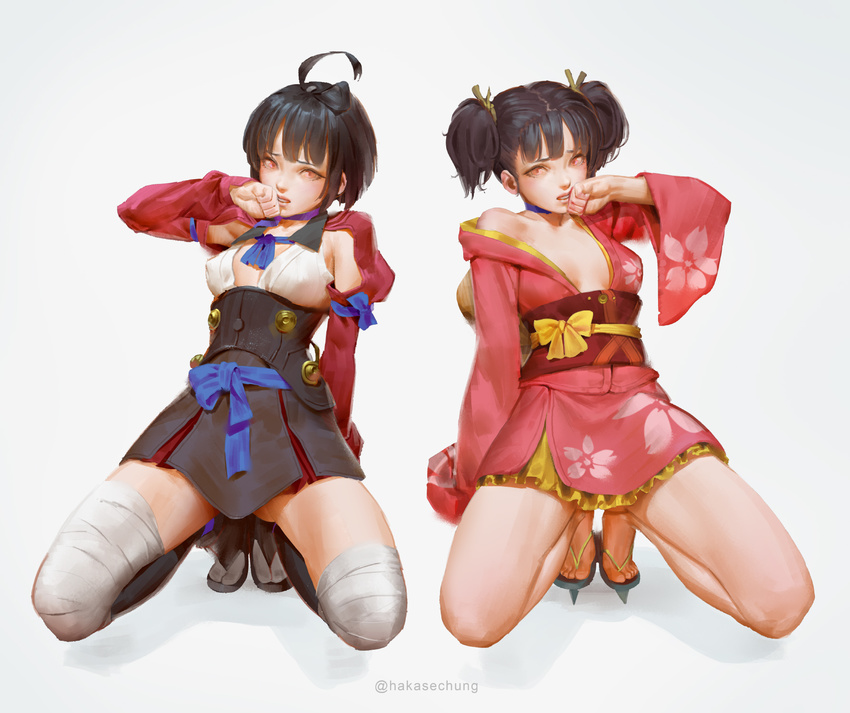 arm_at_side artist_name bad_id bad_pixiv_id bandaged_leg bandages bangs bare_legs bare_shoulders black_hair blue_ribbon blunt_bangs breasts choker clenched_hand corset covered_nipples dual_persona floral_print frilled_kimono frills full_body geta hair_ribbon hand_to_own_mouth highres japanese_clothes juliet_sleeves kimono kneeling koutetsujou_no_kabaneri leaning_back long_sleeves looking_at_viewer miniskirt multiple_girls mumei_(kabaneri) no_socks obi off_shoulder puffy_sleeves purple_ribbon red_eyes ribbon ribbon_choker sash short_hair short_kimono simple_background skirt sleeves_past_wrists small_breasts spread_legs symmetrical_pose tim_loechner topknot twintails twitter_username white_background white_legwear zouri