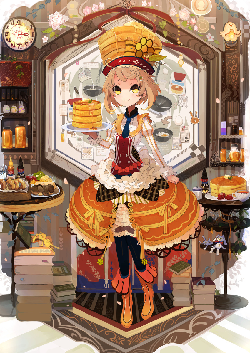 absurdres bad_id bad_pixiv_id banana_slice bird black_legwear blue_neckwear book boots bow brown_dress brown_hair butter cherry_blossoms chicken clock cookie cup dessert doll dress egg flower food food_themed_clothes frills fruit full_body hat hat_bow highres honeycomb_(pattern) kiwifruit leaf looking_at_viewer milk mixing_bowl morinaga_(brand) namae_mayoichuu necktie orange_footwear original pancake pantyhose personification plate pouring red_bow roman_numerals rose short_hair smile solo standing strawberry striped striped_bow table tea teacup white_flower white_rose yellow_eyes