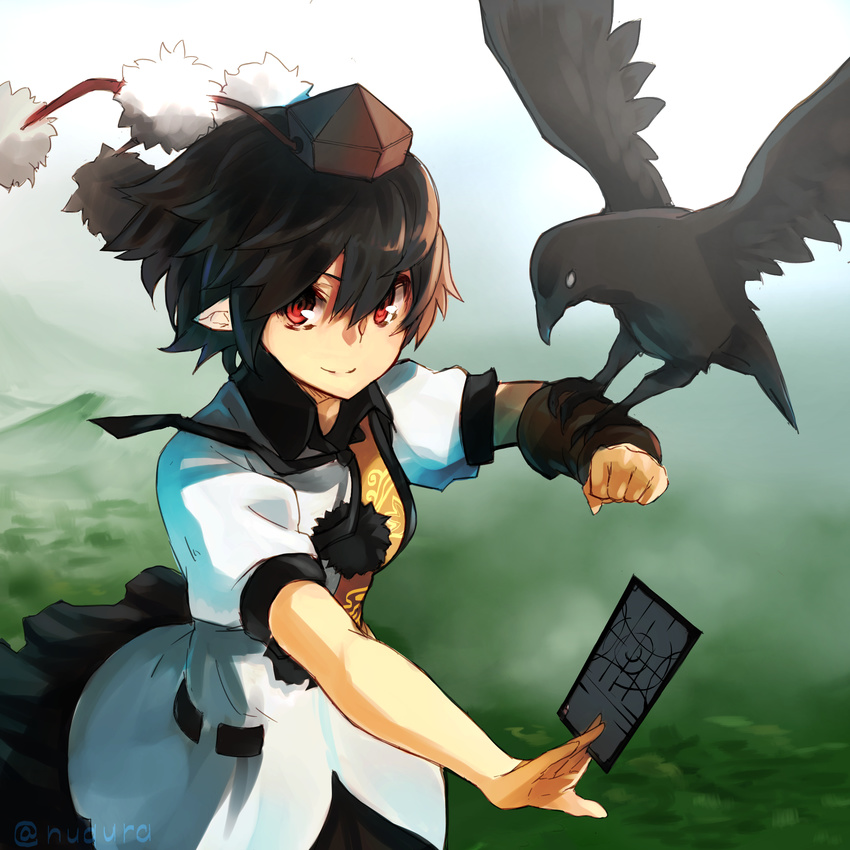 absurdres artist_name bird black_hair clenched_hand collared_shirt crow forest frilled_skirt frills hat highres landing looking_at_viewer mountain nature nuqura outstretched_hand pointy_ears pom_pom_(clothes) puffy_short_sleeves puffy_sleeves red_eyes ribbon shameimaru_aya shirt short_hair short_sleeves skirt smile solo spell_card tokin_hat touhou