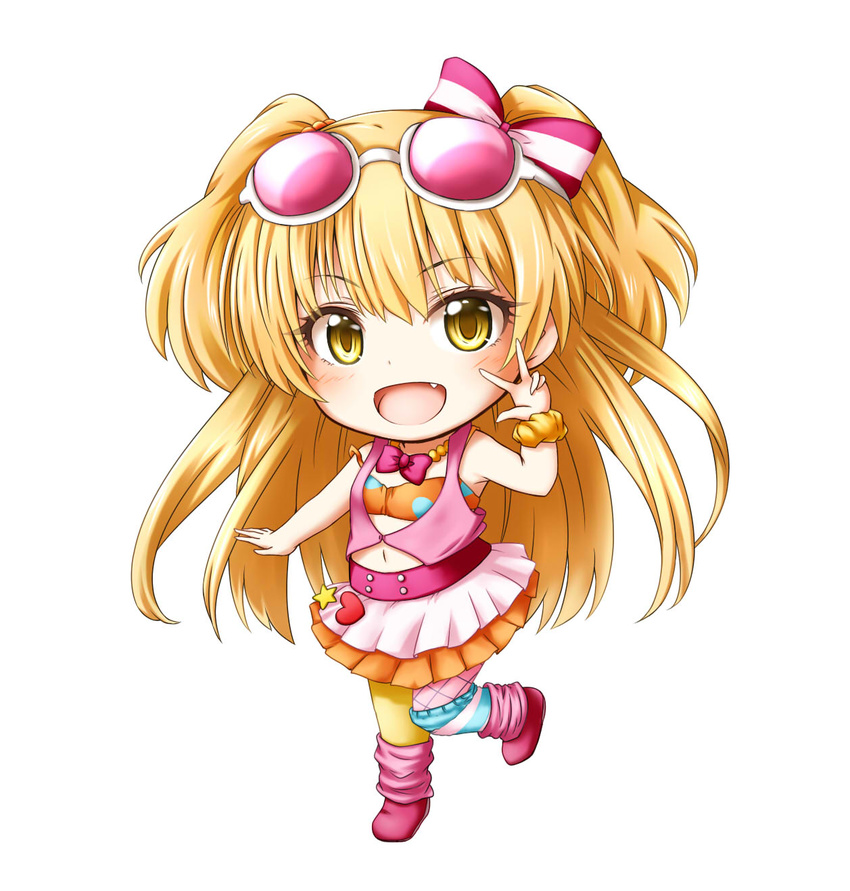 :d blonde_hair chibi fang highres idolmaster idolmaster_cinderella_girls jougasaki_rika kuena long_hair mismatched_legwear open_mouth pikapikapop scrunchie simple_background smile solo wrist_scrunchie yellow_eyes