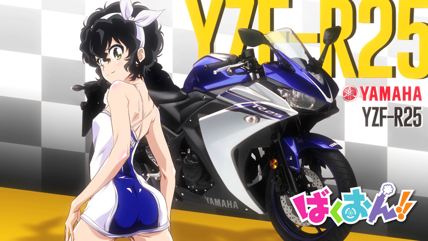 amano_onsa ass back bakuon!! bare_shoulders black_hair curly_hair dress eyecatch green_eyes ground_vehicle hairband highres looking_at_viewer looking_back motor_vehicle motorcycle non-web_source race_queen screencap short_dress short_hair smile solo yamaha yamaha_yzf-r25