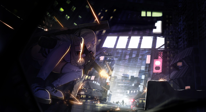 1girl absurdres assault_rifle bangs boots breasts cityscape firing girls_frontline gloves gun hair_ornament heckler_&amp;_koch highres hk416 hk416_(girls_frontline) holding holding_gun holding_weapon ihobus jacket long_hair night open_clothes open_jacket outdoors panties pouch ricocheting rifle silver_hair squatting swedish_flag taking_cover thigh_boots thigh_strap thighhighs underwear weapon weapon_bag white_footwear white_panties
