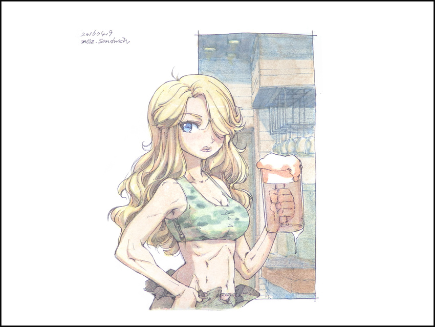alcohol beer beer_mug black_border blonde_hair blue_eyes border breasts camouflage camouflage_tank_top crop_top cup dated dripping hair_over_one_eye hand_on_hip holding holding_cup large_breasts lips long_hair looking_back meiz original solo tank_top toned traditional_media watercolor_(medium) white_background