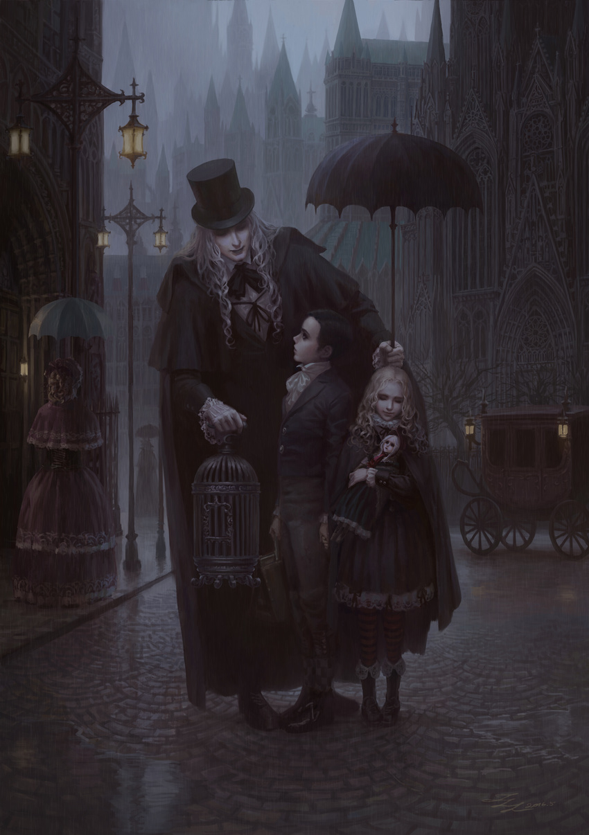 2girls absurdres arms_at_sides back black_dress black_eyes black_footwear black_hair black_hat black_jacket black_pants blonde_hair bloodborne boots brown_hair buttons cage capelet carriage cathedral character_request checkered child church city cloak closed_eyes cravat dark doll dress full_body gloves hat highres holding holding_doll holding_hands holding_umbrella jacket lace_trim lantern leaning_forward long_hair long_sleeves looking_at_another multiple_boys multiple_girls neck_ribbon neck_ruff outdoors pants pantyhose pavement plain_doll rain ribbon road shoes signature silver_hair smile standing street striped striped_legwear suitcase top_hat umbrella victorian walking white_gloves zhoujialin