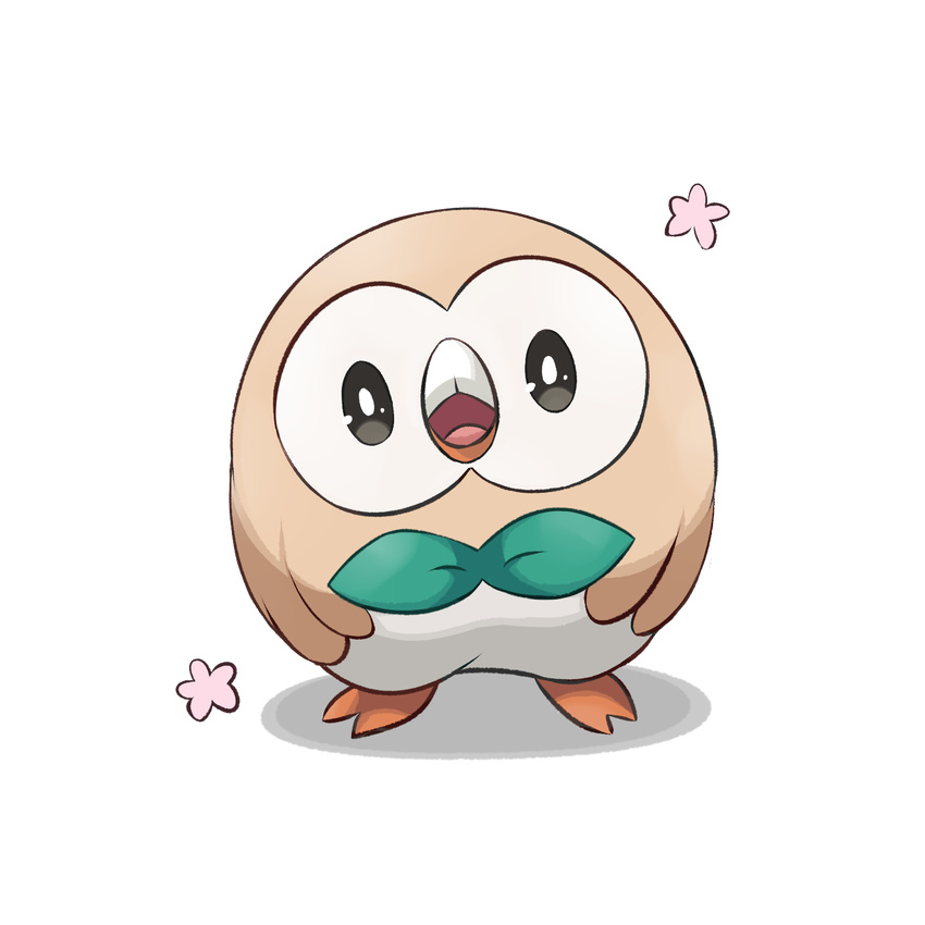 bad_id bad_nicoseiga_id beak black_eyes flower full_body gen_7_pokemon head_tilt highres looking_at_viewer no_humans open_mouth pink_flower pokemon pokemon_(creature) rowlet smile solo standing talons transparent_background yamagara