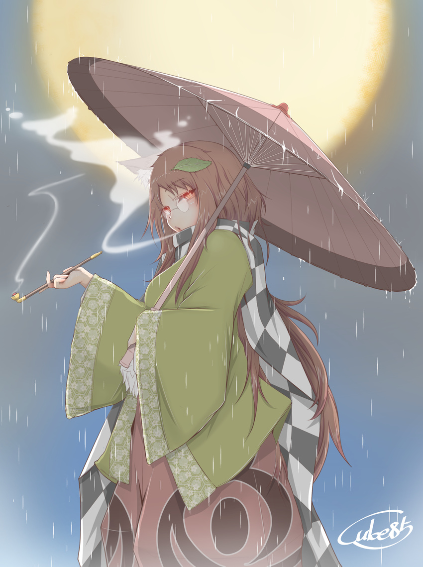 bad_id bad_pixiv_id brown_hair cube85 floral_print futatsuiwa_mamizou futatsuiwa_mamizou_(human) glasses highres holding holding_pipe japanese_clothes kikkoumon kiseru leaf leaf_on_head long_hair long_sleeves looking_at_viewer parasol pipe rain red_eyes scarf smoking solo touhou umbrella wide_sleeves