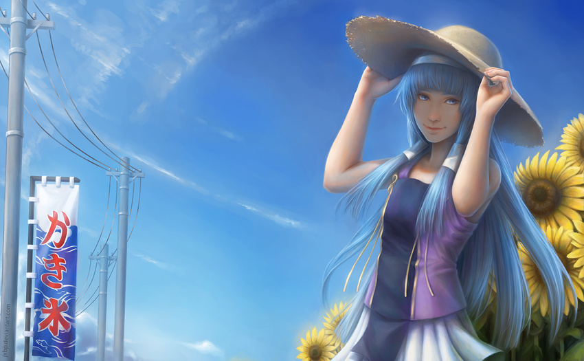 arms_up bangs banner blue_hair blue_sky blunt_bangs cloud commentary cowboy_shot day flower hair_tubes hairband hands_on_headwear hat highres jason_peng kannagi kooribata long_hair looking_at_viewer nagi nobori outdoors pleated_skirt power_lines purple_eyes realistic shaded_face skirt sky solo sun_hat sunflower telephone_pole utility_pole watermark web_address white_skirt