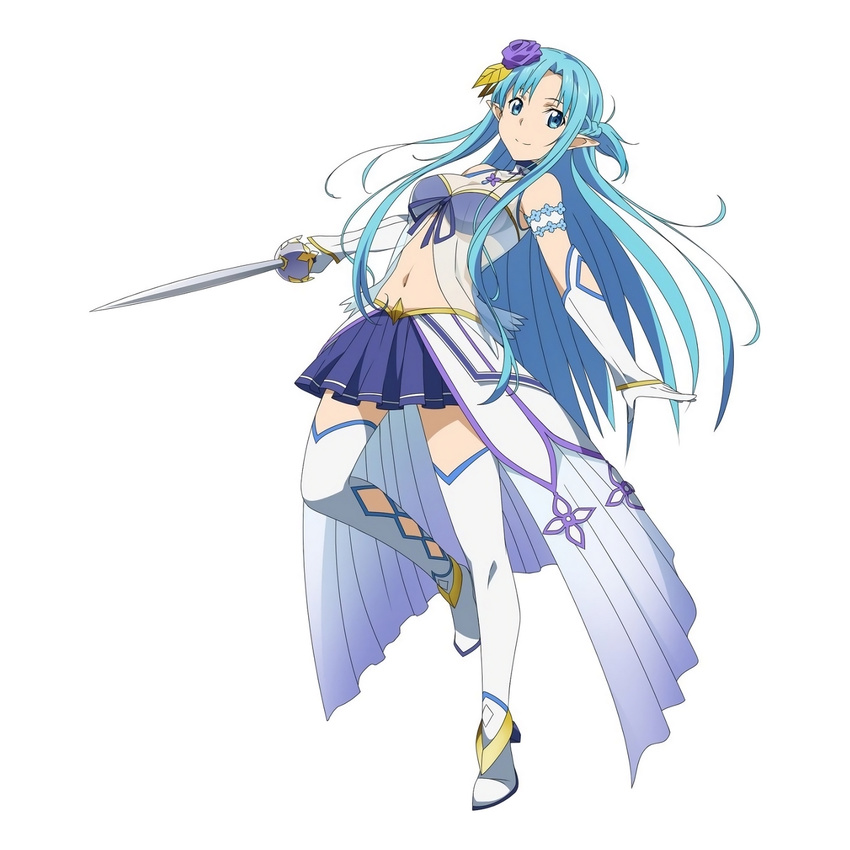 adapted_costume asuna_(sao) asuna_(sao-alo) blue_bra blue_eyes blue_hair blue_skirt boots bra elbow_gloves flower full_body gloves hair_flower hair_ornament highres holding holding_sword holding_weapon long_hair long_legs looking_at_viewer midriff navel official_art pleated_skirt pointy_ears see-through skirt smile solo sword sword_art_online sword_art_online:_code_register thigh_boots thighhighs underwear weapon white_background white_footwear white_gloves white_legwear zettai_ryouiki