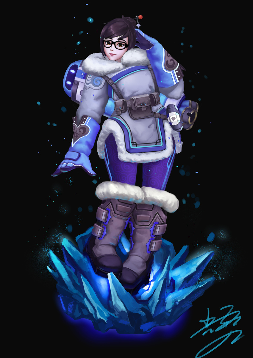 absurdres beads black_background black_hair boots brown_eyes chiming_shangbiao_zhu coat full_body glasses gloves hair_bun hair_ornament hair_stick hand_in_hair highres ice knee_boots lipstick makeup mei_(overwatch) overwatch snow_boots solo