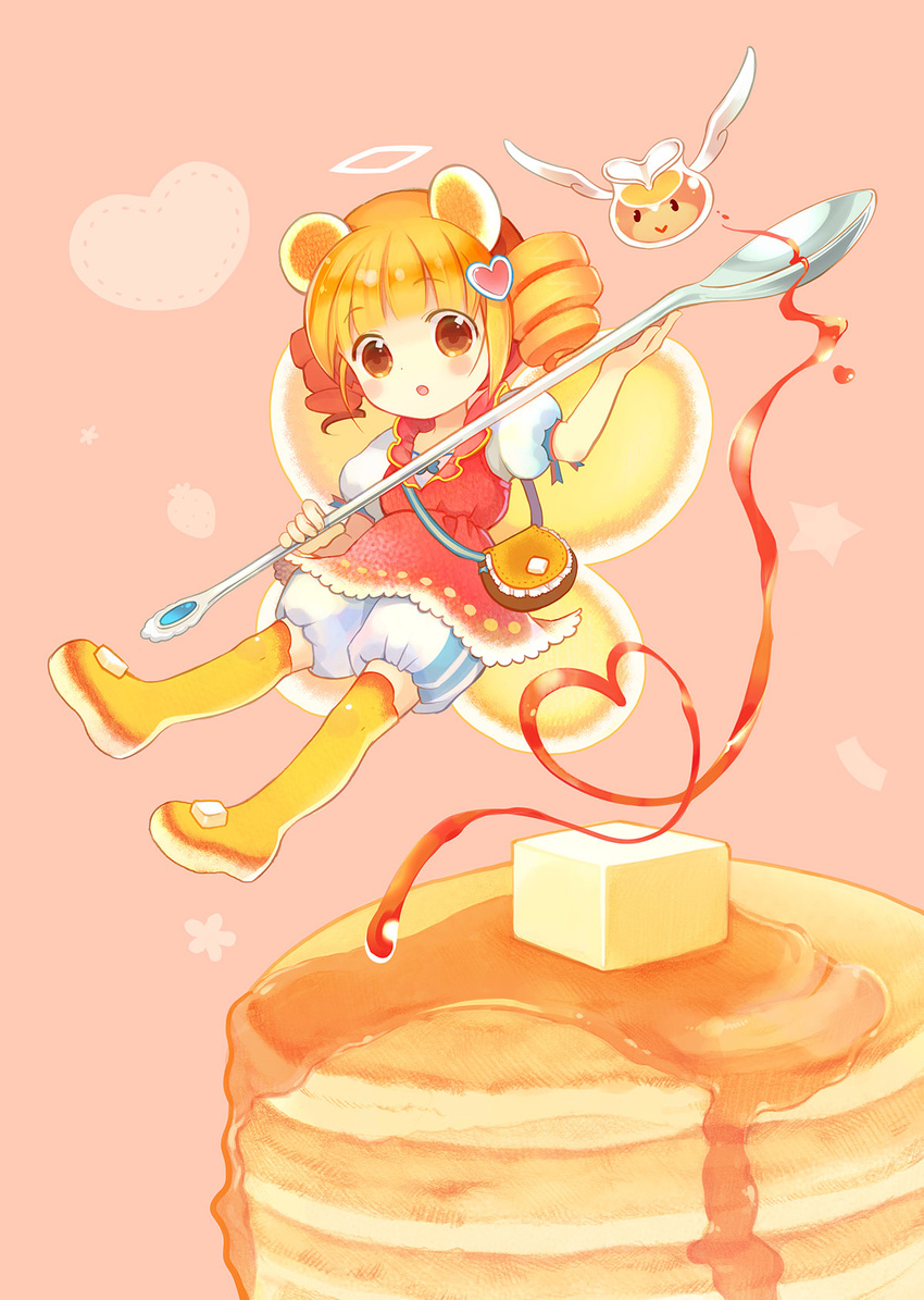 :&gt; :o animal_ears bear_ears bloomers boots brown_eyes butter drill_hair fairy fairy_wings flying food hair_ornament heart heart_hair_ornament highres looking_at_viewer morinaga_(brand) orange_hair original oversized_object pancake personification pink_background red_skirt short_hair skirt solo spoon syrup takeda_mika thigh_boots thighhighs twin_drills underwear white_bloomers wings yellow_footwear