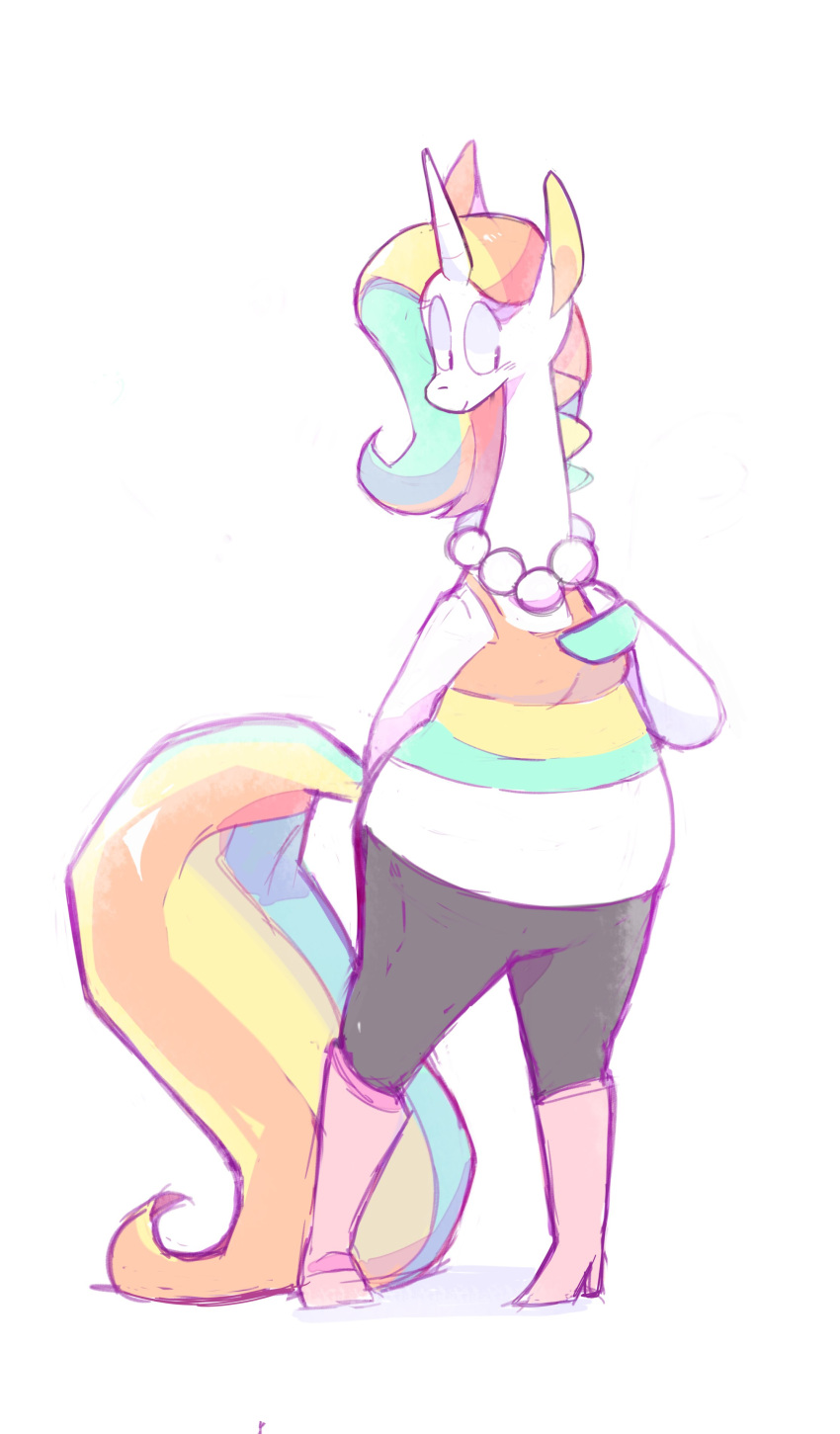 2018 absurd_res anthro clothed clothing colored_sketch digital_media_(artwork) equine female full-length_portrait hair hi_res hooves horn jewelry late_bloomicorn looking_away mammal multicolored_hair multicolored_tail necklace nine-doodles pearl_necklace pigeon_toed portrait rainbow_hair rainbow_tail simple_background slightly_chubby solo standing unicorn white_background