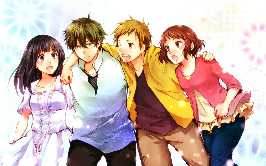 2girls black_hair brown_eyes brown_hair casual chitanda_eru fukube_satoshi green_eyes highres hinomiya22 hyouka ibara_mayaka long_hair multiple_boys multiple_girls oreki_houtarou purple_eyes red_eyes short_hair