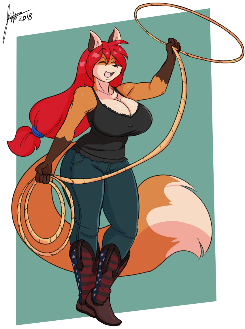 ann_gustave anthro big_breasts boots breasts canid canine cleavage clothed clothing eyes_closed female footwear fox hair hi_res j-wink jeans las_lindas lasso long_hair mammal open_mouth pants prime_(las_lindas) red_fox red_hair rope signature simple_background smile solo webcomic