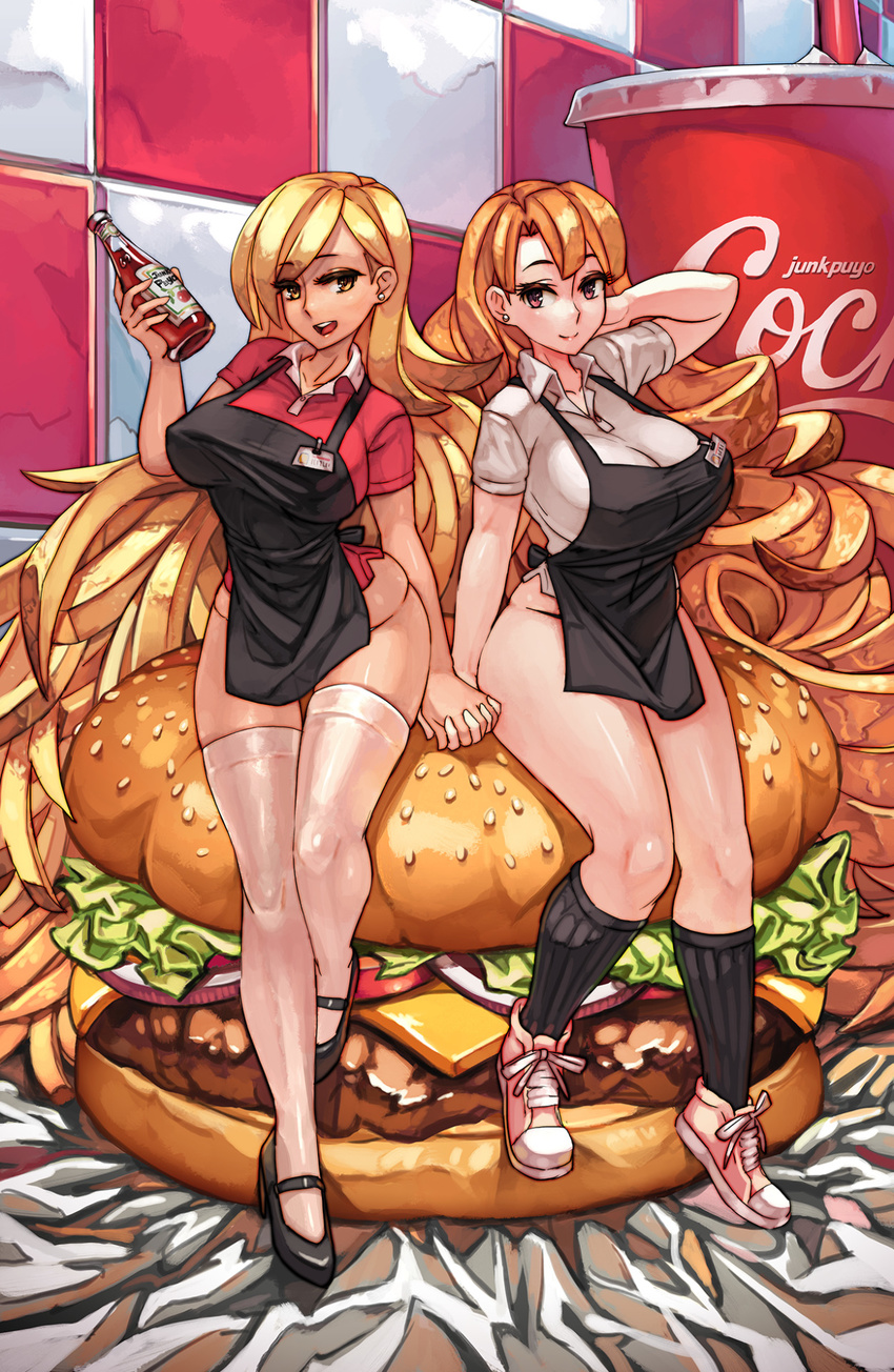 absurdly_long_hair apron black_legwear blonde_hair blush bottomless breasts curvy earrings employee_uniform food french_fries hamburger hand_holding highres interlocked_fingers jewelry junkpuyo ketchup ketchup_bottle large_breasts long_hair looking_at_viewer multiple_girls name_tag open_mouth original polo_shirt red_eyes smile socks thighhighs uniform very_long_hair white_legwear yellow_eyes