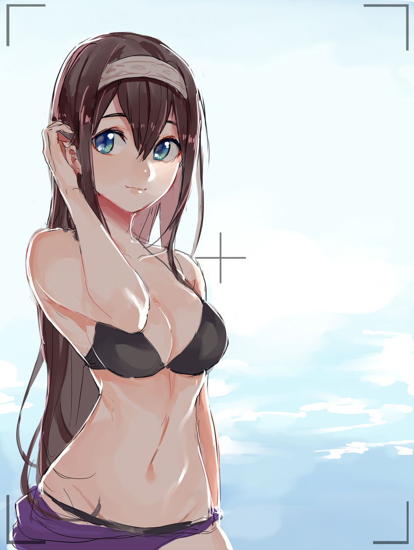 bikini black_hair blue_eyes blush breasts hairband highres idolmaster idolmaster_cinderella_girls large_breasts long_hair pinch_(nesume) sagisawa_fumika sarong sketch solo swimsuit