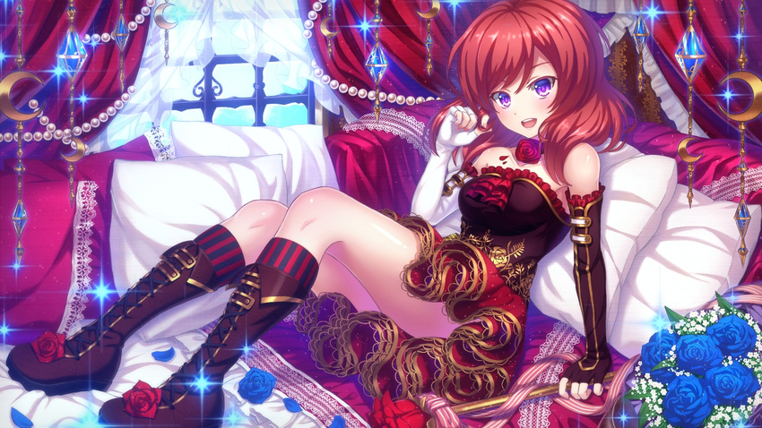 boots dress elbow_gloves female flower happy highres idol kaina kneehighs lolita_fashion long_hair love_live!_school_idol_project nishikino_maki petals pillow purple_eyes red_hair rose solo