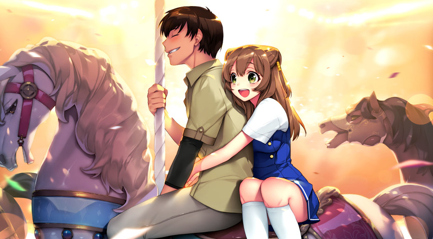 1girl :d blue_dress brown_hair carousel closed_eyes dress evening green_eyes grey_pants grin hair_ornament holding horse hug hug_from_behind jpeg_artifacts kagami_makoto_(nanairo_reincarnation) kneehighs long_hair multiple_riders nanairo_reincarnation official_art open_mouth orange_background pants parted_lips riding short_sleeves sidesaddle sitting smile sumeragi_kohaku sunlight sunset takigawa_kotori tareme teeth white_legwear