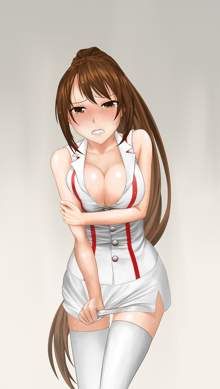 absurdres akali blush breast_hold breasts brown_eyes brown_hair cleavage embarrassed grey_background highres large_breasts league_of_legends leaning_forward long_hair mr_yah nurse_akali ponytail skirt skirt_tug solo thighhighs very_long_hair white_legwear