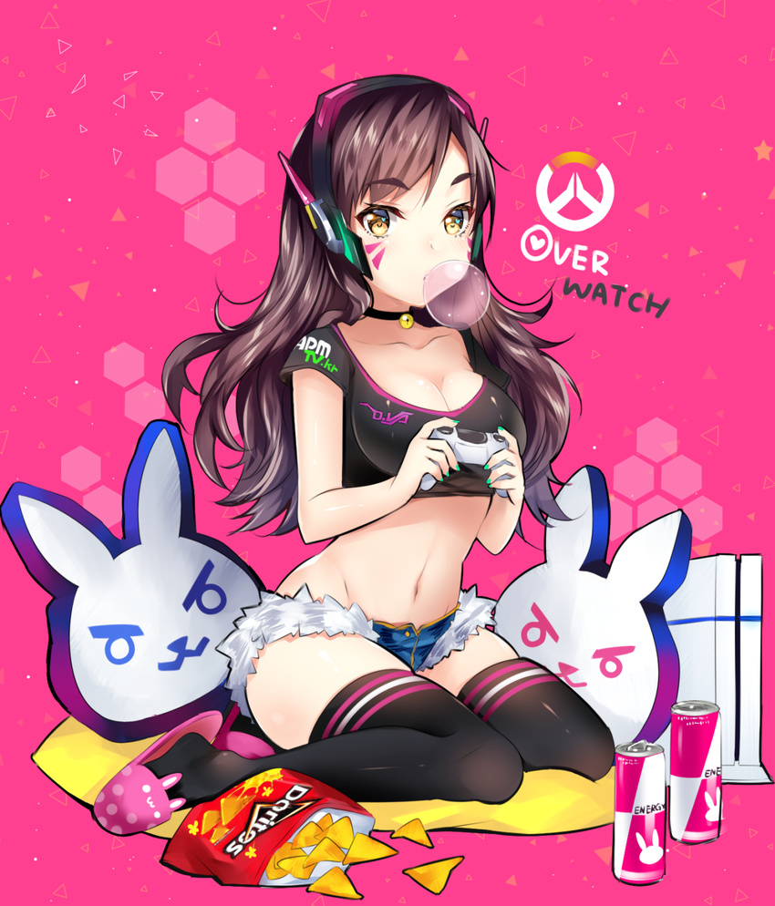 1girl animal_slippers bell bell_collar blizzard breasts brown_eyes brown_hair bubblegum bunny_slippers chips choker cleavage collar controller crop_top d.va_(overwatch) doritos duji_amo energy_drink facepaint food game_console game_controller gamepad headphones headset heart_in_eye highres logo long_hair navel overwatch pillow pink_background playing_games playstation_4 short_shorts shorts slippers solo symbol_in_eye thighhighs