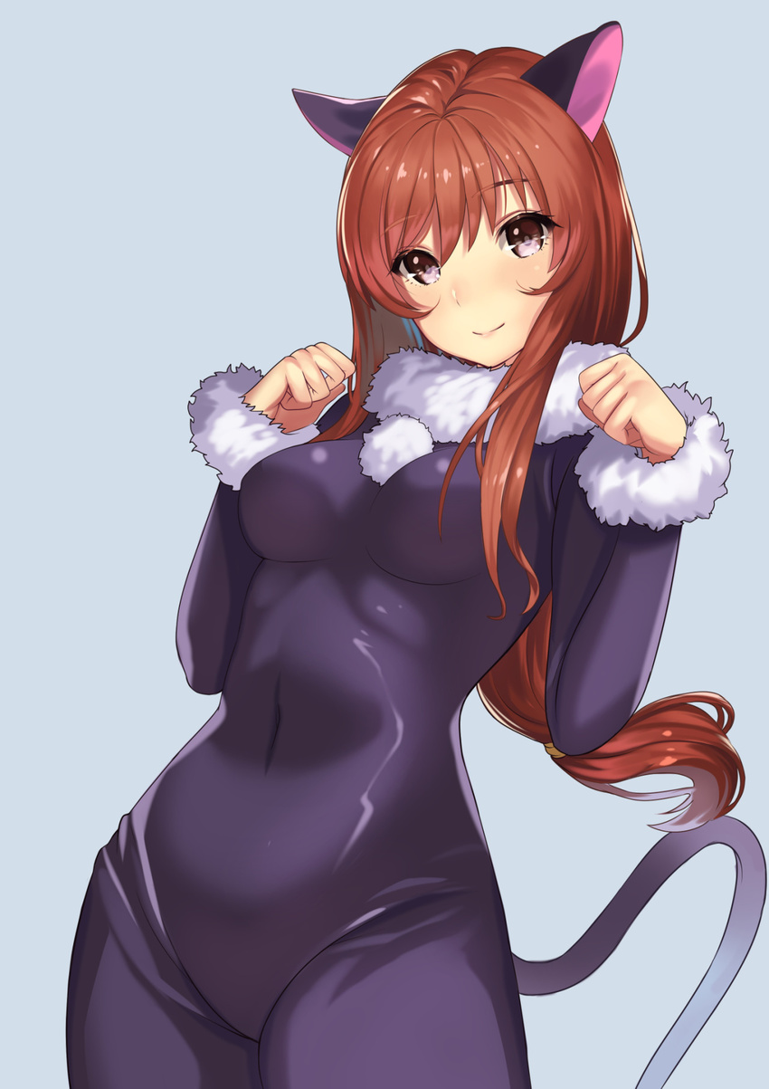 1girl animal_ears blush bodysuit breasts cat_ears catsuit closed_mouth contrapposto covered_navel erica_fontaine fur_collar fur_trim head_tilt highres kagematsuri large_breasts long_hair long_sleeves paw_pose pom_pom_(clothes) red_hair sakura_taisen_iii silver_background simple_background skirt skirt_lift smile solo standing