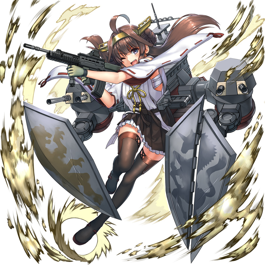 absurdres assault_rifle bad_id bad_pixiv_id blue_eyes breasts brown_hair bullpup commentary eotech gloves gun hairband harumaki_haruki highres kantai_collection kongou_(kantai_collection) l85 long_hair machinery medium_breasts nontraditional_miko one_eye_closed open_mouth rifle sarashi sideboob skirt smile solo turret vertical_foregrip weapon