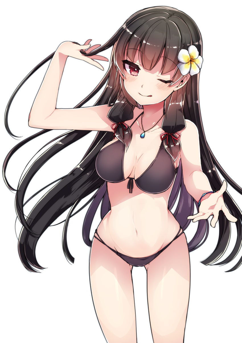 bikini black_hair blush bracelet breasts flower front-tie_top hair_flower hair_ornament hair_ribbon highres isokaze_(kantai_collection) jewelry kantai_collection long_hair medium_breasts navel necklace one_eye_closed pendant red_eyes ribbon smile solo standing swimsuit takeshima_(nia) tongue