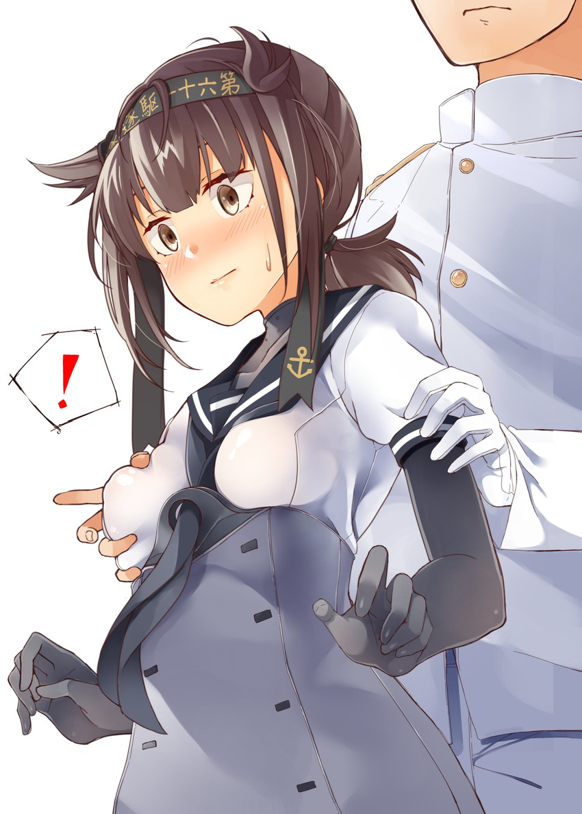 1boy 1girl admiral_(kantai_collection) anchor_symbol antenna_hair arm_grab bangs black_gloves blunt_bangs blush breast_grab brown_eyes brown_hair byte_(allbyte) closed_mouth corset elbow_gloves expressionless gloves grabbing grabbing_from_behind groping hair_flaps hairband hatsuzuki_(kantai_collection) head_out_of_frame hetero highres kantai_collection long_sleeves military military_uniform naval_uniform sailor_collar shirt short_hair simple_background speech_bubble spoken_exclamation_mark surprised sweatdrop underbust uniform upper_body white_background white_gloves white_shirt