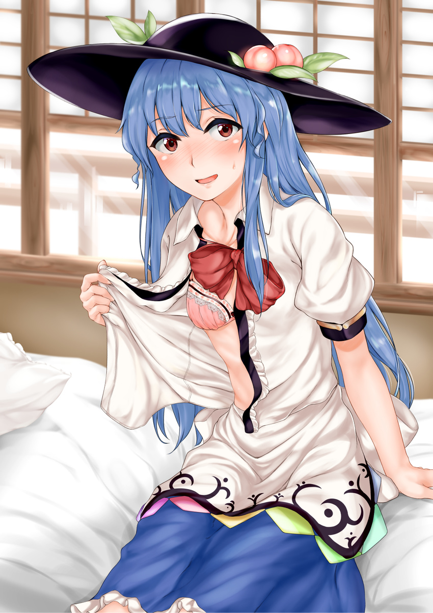 bed blue_hair blush bow bowtie bra breasts food fruit hat highres hinanawi_tenshi long_hair looking_at_viewer md5_mismatch momoiro_lettuce on_bed open_clothes open_mouth open_shirt peach pink_bra puffy_sleeves red_eyes shirt sitting sitting_on_bed skirt small_breasts smile solo touhou underwear very_long_hair