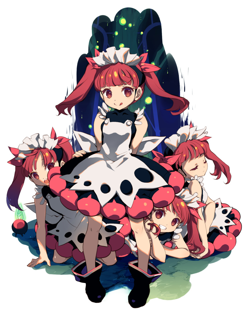 4girls :d :q arms_behind_back black_footwear blush bonnet boots brown_eyes chin_rest closed_mouth creature dress eyes_closed grin hair_ribbon highres kemurikusa kneeling long_hair looking_at_viewer lying multiple_girls on_stomach open_mouth pink_ribbon red_hair ribbon rina_(kemurikusa) sagano_aoi sitting sleeveless sleeveless_dress smile standing tongue tongue_out twintails white_background