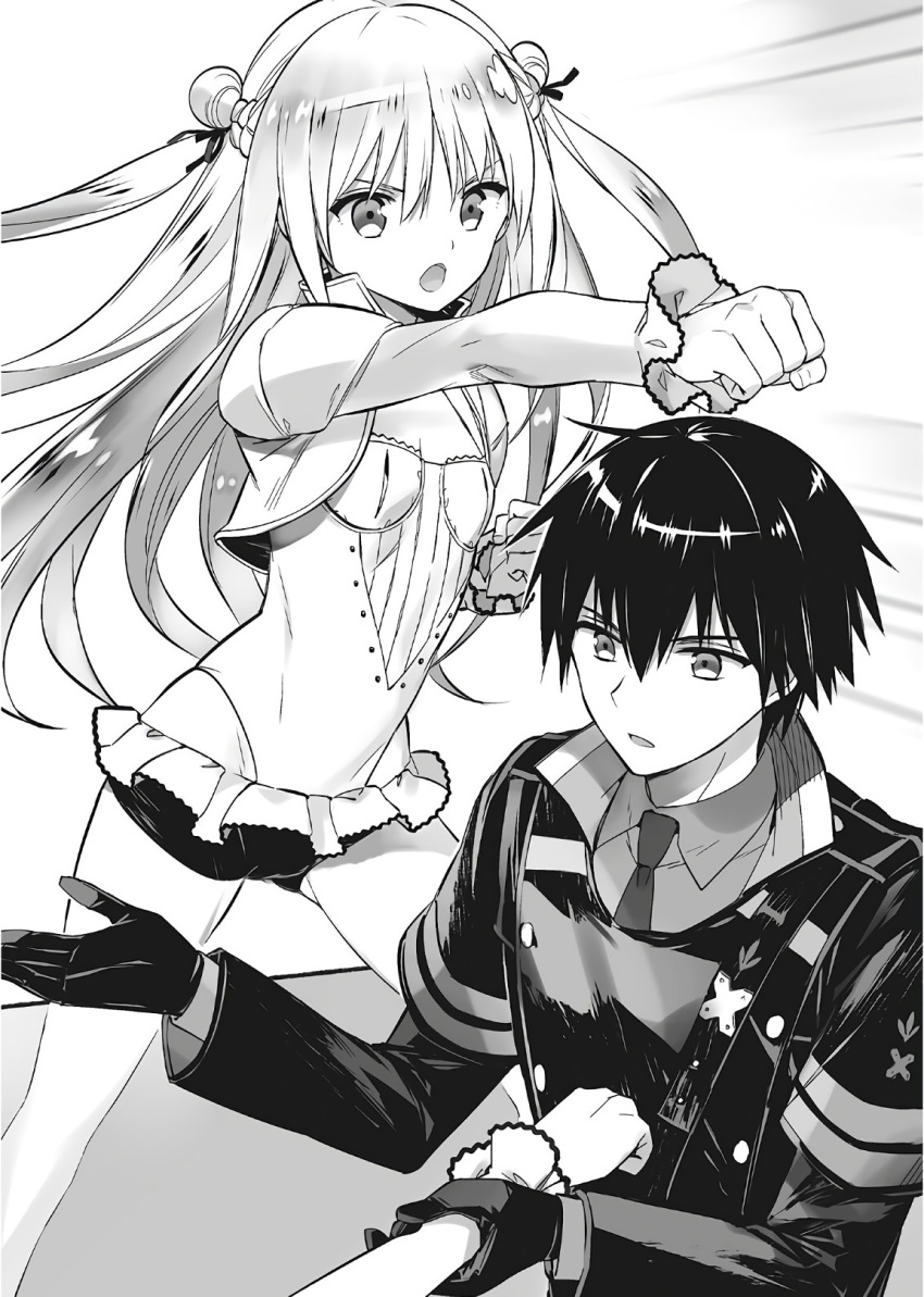 1boy 1girl assassins_pride breasts cleavage clenched_hand double_bun floating_hair gloves greyscale hair_between_eyes hair_ribbon highres long_hair long_sleeves merida_angel military military_uniform monochrome necktie ninomoto novel_illustration official_art open_mouth ribbon shiny shiny_hair short_shorts shorts small_breasts uniform v-shaped_eyebrows very_long_hair wrist_grab