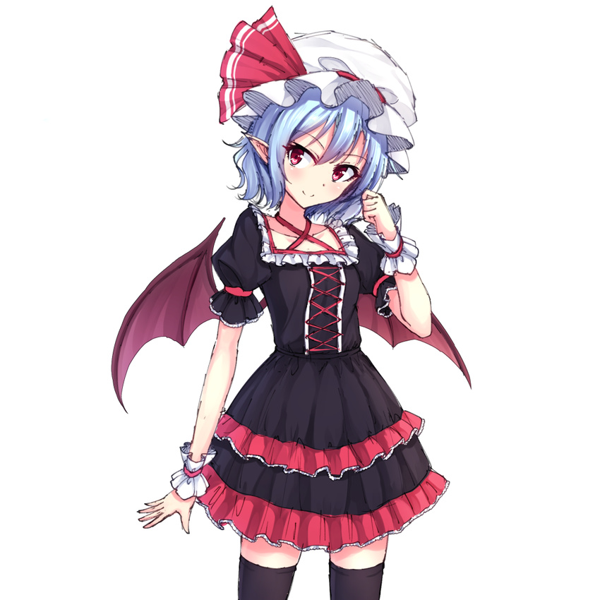alternate_costume bat_wings black_legwear blue_hair cowboy_shot criss-cross_halter cross-laced_clothes frilled_skirt frills halter_top halterneck hat junior27016 lolita_fashion miniskirt mob_cap pointy_ears puffy_short_sleeves puffy_sleeves red_eyes remilia_scarlet short_hair short_sleeves simple_background skirt smile solo thighhighs touhou white_background wings wrist_cuffs zettai_ryouiki