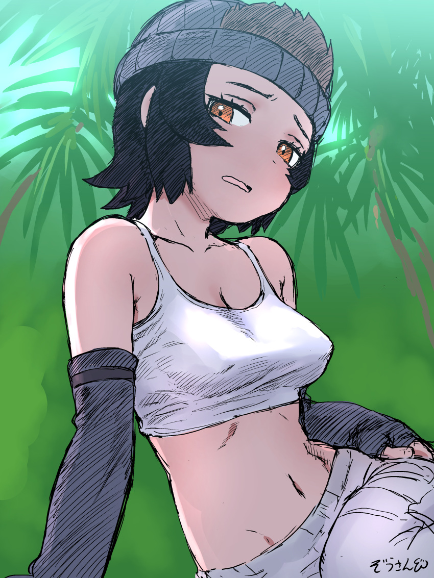1girl absurdres arm_support bare_shoulders beanie black_gloves black_hair black_hat breasts brown_eyes cleavage collarbone day elbow_gloves erect_nipples fingerless_gloves furrowed_eyebrows gloves gorilla_(kemono_friends) grey_pants hand_on_hip hand_rest hat highres kemono_friends leaning_to_the_side looking_at_viewer masuyama_ryou medium_breasts midriff navel open_mouth outdoors pants short_hair sidelocks signature sitting solo stomach tank_top upper_body white_tank_top