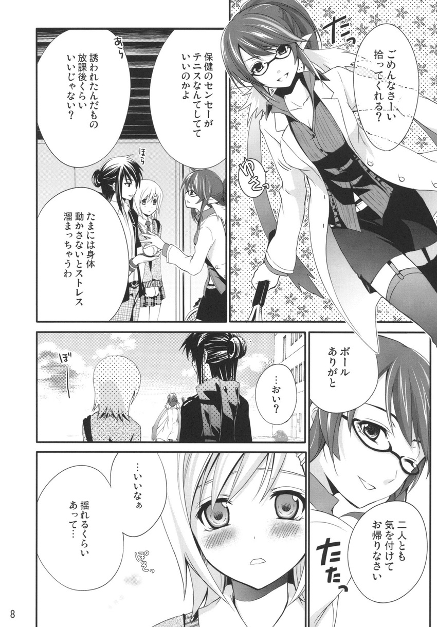 2girls bespectacled blush chikaya comic doujinshi estellise_sidos_heurassein glasses greyscale hair_bun highres judith labcoat long_hair monochrome multiple_girls one_eye_closed pointy_ears shirt short_hair skirt tales_of_(series) tales_of_vesperia thighhighs translated twintails yuri_lowell