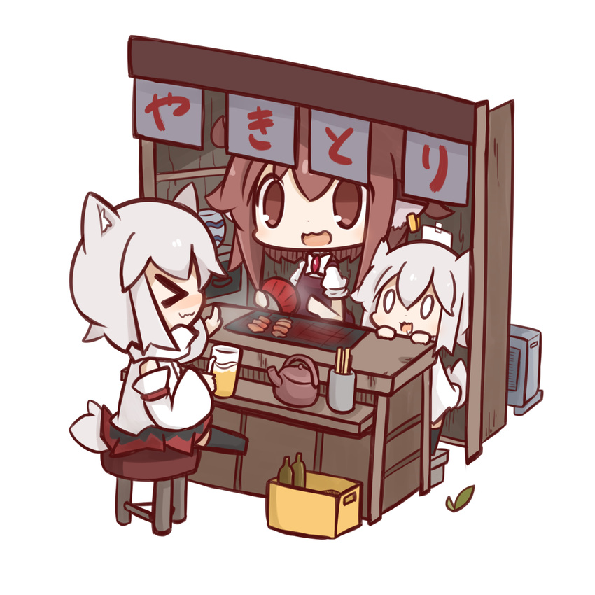 &gt;_&lt; 3girls :3 :d alcohol animal_ears beer beer_mug black_legwear brown_eyes brown_hair chibi closed_eyes cup detached_sleeves fan grill grilling holding holding_cup inubashiri_momiji multiple_girls mystia_lorelei nuu_(nu-nyu) open_mouth sitting skirt smile tail teapot touhou translated white_hair wolf_ears wolf_tail x3