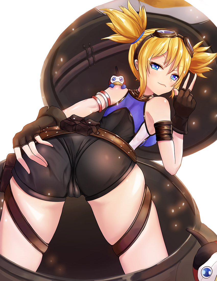animal_costume armlet ass ass_grab backboob bare_shoulders belt black_gloves blonde_hair blue_eyes blush breasts cameltoe daydream deep_skin erect_nipples familiar fingerless_gloves gloves goggles goggles_on_head granblue_fantasy half-closed_eyes leaning leaning_forward leotard looking_at_viewer pengie penguin penguin_costume shiny shiny_clothes shiny_hair shiny_skin short_hair short_shorts short_twintails shorts smile solo twintails w