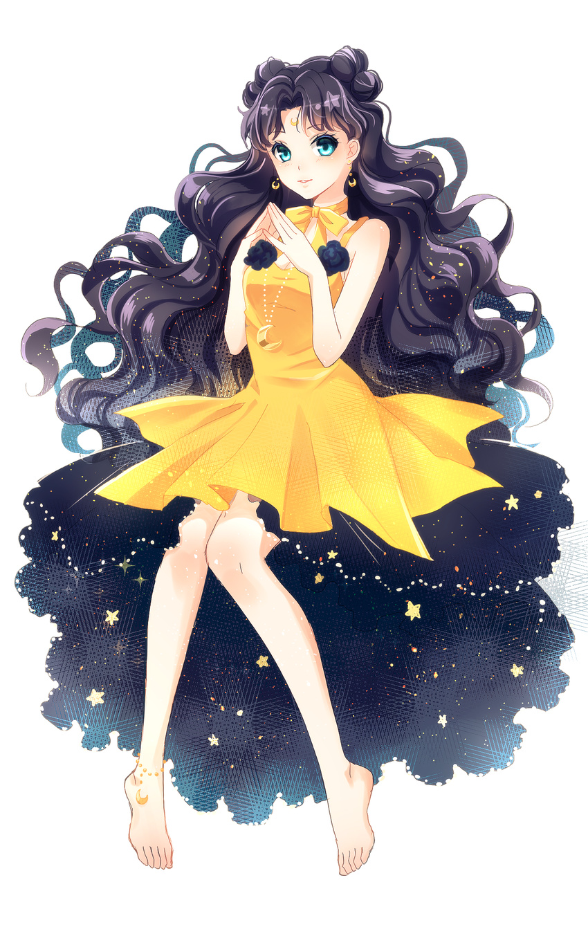 anklet bare_legs barefoot bishoujo_senshi_sailor_moon black_hair blue_eyes bow bracelet choker crescent crescent_earrings double_bun earrings full_body hair_ornament hairpin highres jewelry long_hair luna_(sailor_moon) luna_(sailor_moon)_(human) md5_mismatch personification rei_(usabiba) simple_background skirt smile solo white_background yellow_bow yellow_choker yellow_skirt