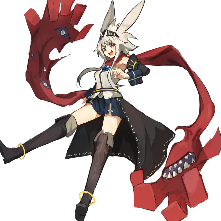 1girl animal_ears armpit_peek bangs black_footwear blue_skirt boots bunny_ears commentary_request detached_sleeves dress extra_eyes full_body hairband knee_boots lansane legs_apart long_hair looking_at_viewer pleated_skirt red_eyes red_scarf scarf simple_background skirt smile solo vest white_background white_hair white_vest