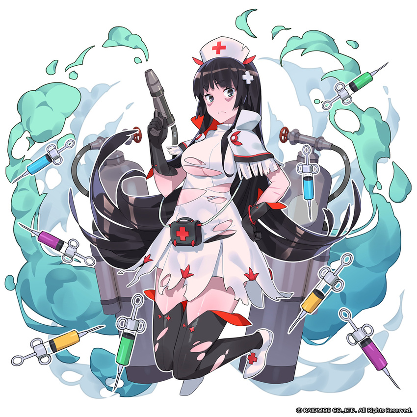 black_hair breasts ddal hand_on_hip hat highres large_breasts long_hair looking_at_viewer nurse nurse_cap solo syringe thighhighs torn_clothes very_long_hair