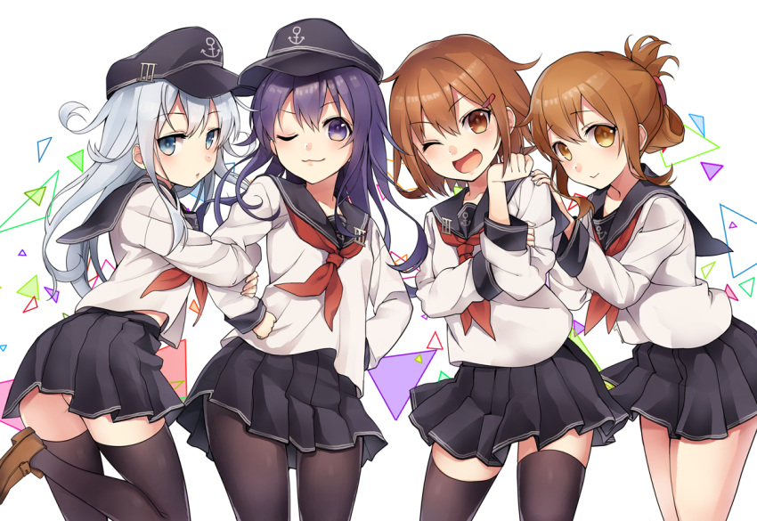 4girls ;3 akatsuki_(kantai_collection) anchor anchor_symbol bangs black_legwear black_sailor_collar black_skirt blue_eyes blush brown_eyes brown_hair closed_mouth commentary_request eyebrows_visible_through_hair fang flat_cap folded_ponytail hair_between_eyes hair_ornament hairclip hat hibiki_(kantai_collection) ikazuchi_(kantai_collection) inazuma_(kantai_collection) kantai_collection loafers long_hair long_sleeves looking_at_viewer multiple_girls na070amou neckerchief one_eye_closed open_mouth pantyhose pleated_skirt purple_eyes purple_hair red_neckwear sailor_collar school_uniform serafuku shoes short_hair silver_hair simple_background skirt smile standing thighhighs