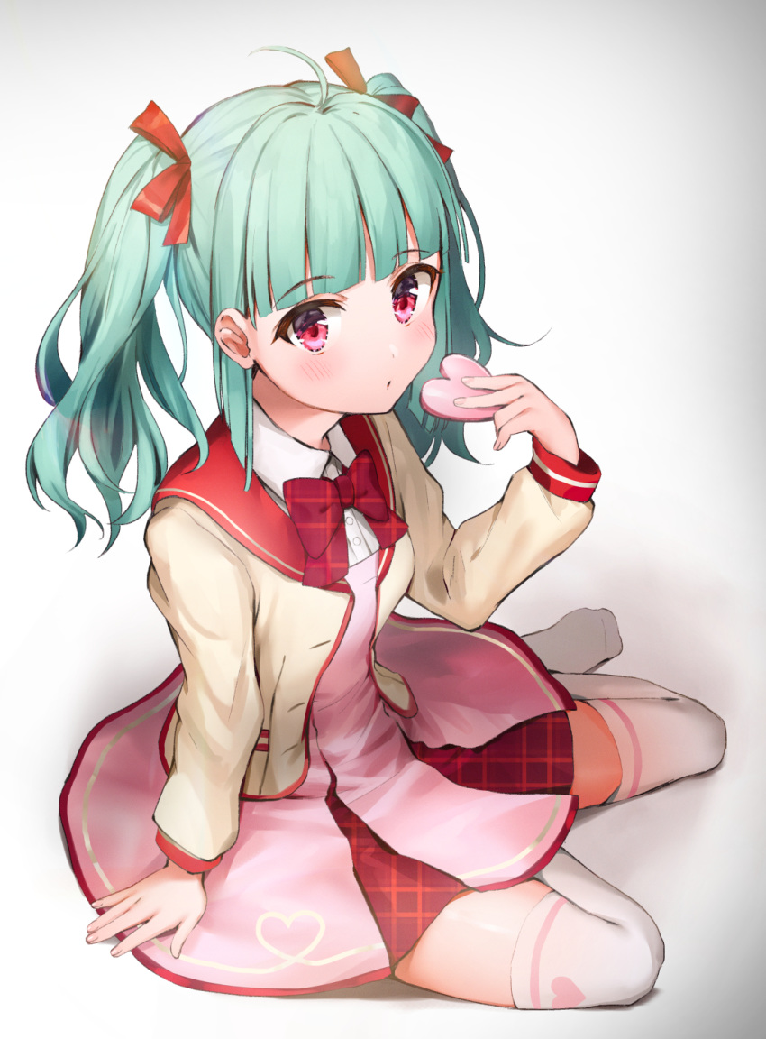 1girl ahoge arm_support battle_girl_high_school blush bow bowtie buttons closed_mouth collared_shirt commentary_request gradient gradient_background green_hair hair_ribbon hand_up heart highres holding jacket kiyosato0928 long_hair long_sleeves looking_at_viewer no_shoes open_clothes open_jacket pink_skirt plaid_neckwear red_eyes red_neckwear red_ribbon ribbon sadone school_uniform shirt sitting skirt solo thighhighs twintails white_background white_jacket white_legwear white_shirt wing_collar yokozuwari zettai_ryouiki