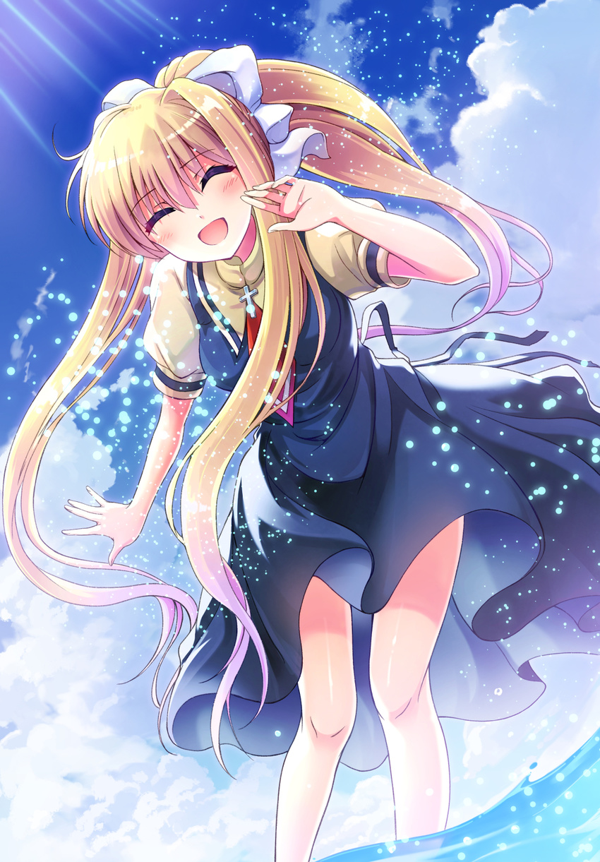 :d ^_^ air black_dress blonde_hair blush breasts closed_eyes cloud cross day dress dutch_angle hair_ribbon highres kamio_misuzu long_hair medium_breasts open_mouth outdoors outstretched_arm ponytail puffy_short_sleeves puffy_sleeves ribbon school_uniform short_sleeves sidelocks sky smile solo standing sunlight tazu very_long_hair wading water water_drop white_ribbon wind