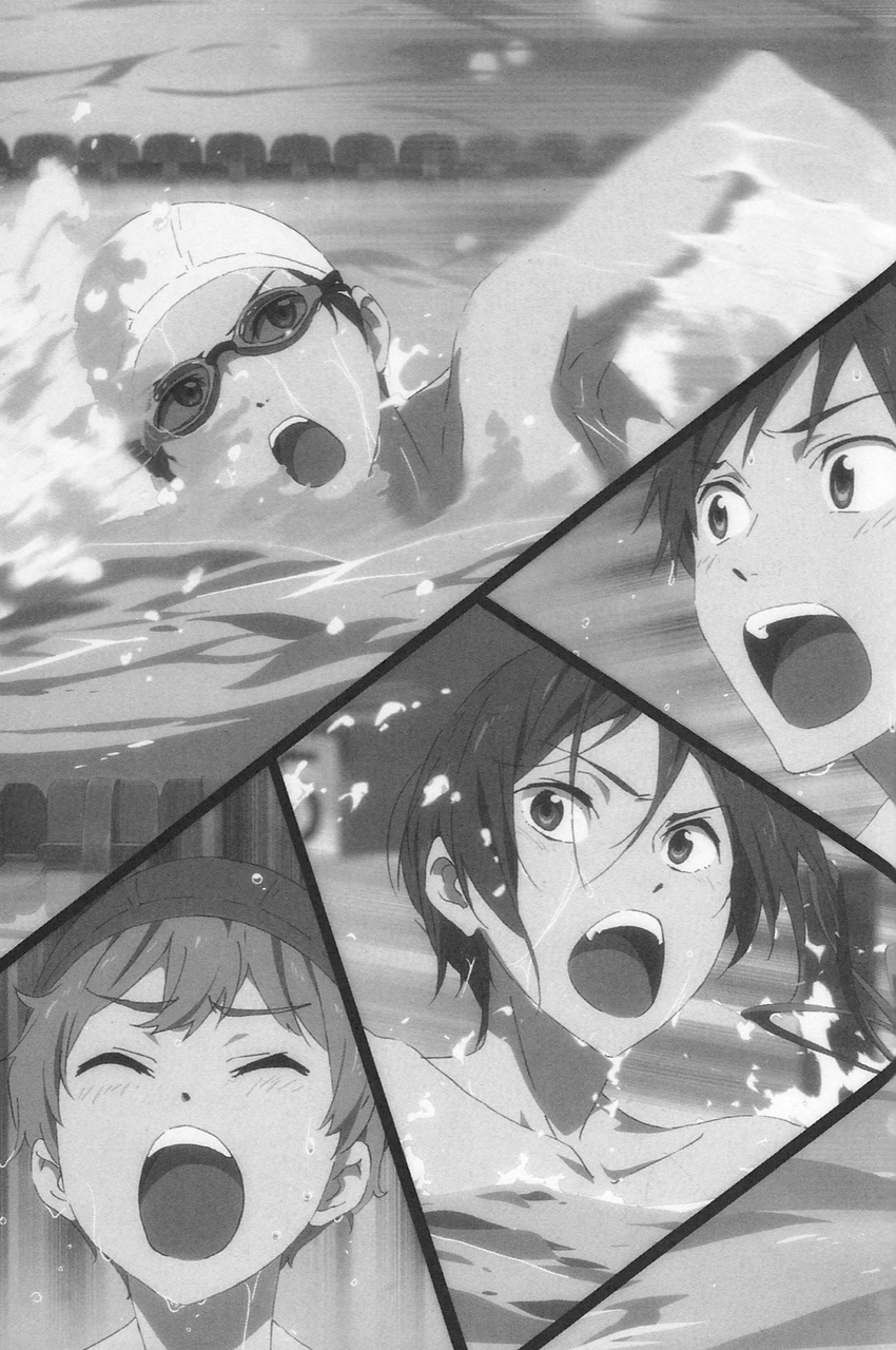 hazuki_nagisa high_speed! male_focus matsuoka_rin monochrome multiple_boys nanase_haruka_(free!) nishiya_futoshi official_art swimming tachibana_makoto