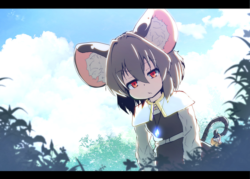 &gt;:( animal_ears backlighting basket capelet cloud cocked_eyebrow day disdain dress dutch_angle frown glowing grey_hair hair_between_eyes jewelry letterboxed looking_at_viewer mouse mouse_ears mouse_tail nazrin necklace outdoors pendant peso_(cheese_company) pout red_eyes short_hair solo tail tail_hold touhou v-shaped_eyebrows