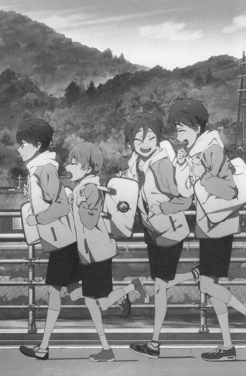 hazuki_nagisa high_speed! male_focus matsuoka_rin monochrome multiple_boys nanase_haruka_(free!) nishiya_futoshi official_art tachibana_makoto