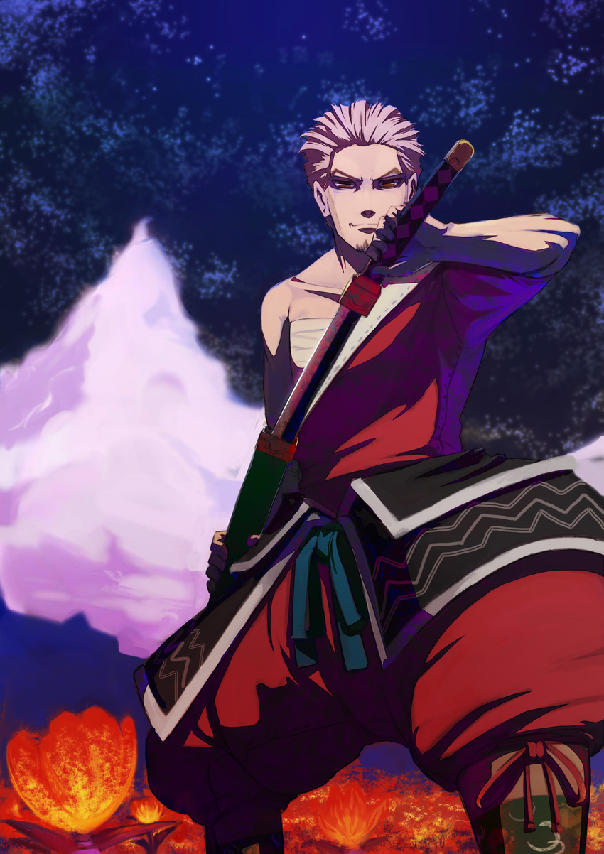 7th_dragon 7th_dragon_(series) absurdres brown_eyes cloud collarbone flower gassan_(7th_dragon) highres katana kyousin male_focus night night_sky pink_hair samurai_(7th_dragon) sky solo sword weapon